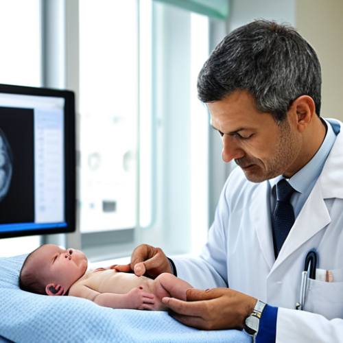 Home 24 **
A doctor examining a newborn baby in a clean, modern hospital room. The baby is fully clothed in a soft blanket. The doctor is wearing a professional lab coat. Focus on the health check and care being provided. safe for work, appropriate content, fully clothed, professional, perfect anatomy, correct proportions, well-formed hands, proper finger count, natural body proportions, high quality.
**
