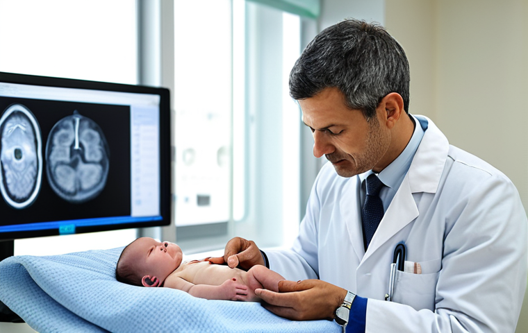**
A doctor examining a newborn baby in a clean, modern hospital room. The baby is fully clothed in a soft blanket. The doctor is wearing a professional lab coat. Focus on the health check and care being provided. safe for work, appropriate content, fully clothed, professional, perfect anatomy, correct proportions, well-formed hands, proper finger count, natural body proportions, high quality.
**
