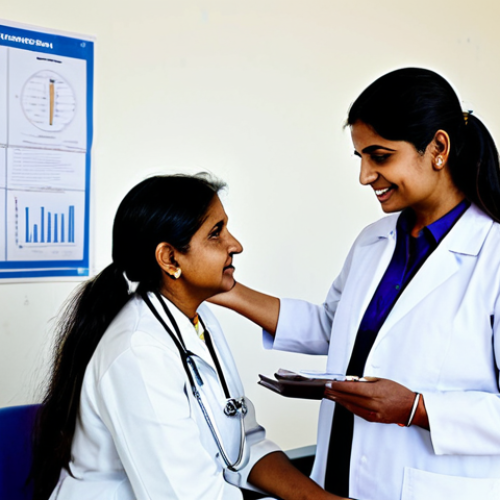 Home 12 Health Center Consultation**
"A friendly female doctor, fully clothed in a professional white coat, consulting with a mature Indian woman (fully clothed in modest traditional attire) at a health center. The setting includes medical charts and equipment in the background. Focus on conveying a message of hope and guidance. Safe for work, appropriate content, professional, perfect anatomy, natural proportions."
**
