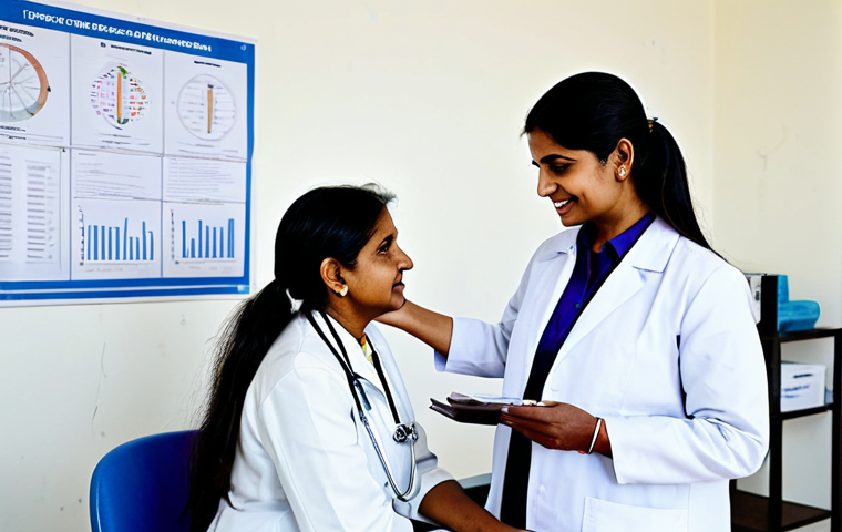 Health Center Consultation**
"A friendly female doctor, fully clothed in a professional white coat, consulting with a mature Indian woman (fully clothed in modest traditional attire) at a health center. The setting includes medical charts and equipment in the background. Focus on conveying a message of hope and guidance. Safe for work, appropriate content, professional, perfect anatomy, natural proportions."
**