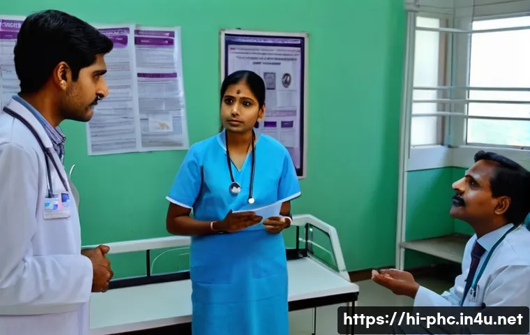 보건소에서의 결핵 진단 절차 - A detailed scene inside a government health center in India showing a trained medical professional e...