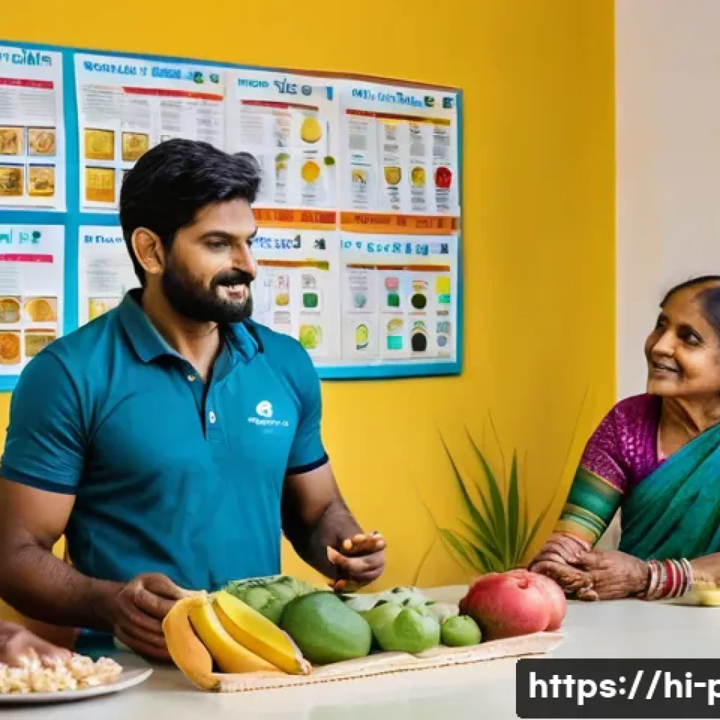 보건소에서 제공하는 비만 관리법 - A vibrant scene inside a local health center in India where a diverse team of nutritionists, fitness...