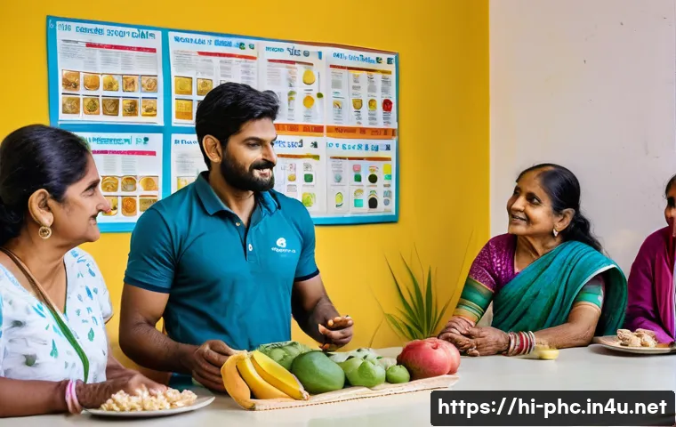 보건소에서 제공하는 비만 관리법 - A vibrant scene inside a local health center in India where a diverse team of nutritionists, fitness...