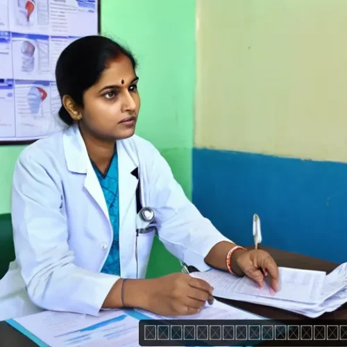 보건소에서의 간 건강 진단 비용 - A clean and modern local health center interior in India, showcasing a friendly female patient weari...