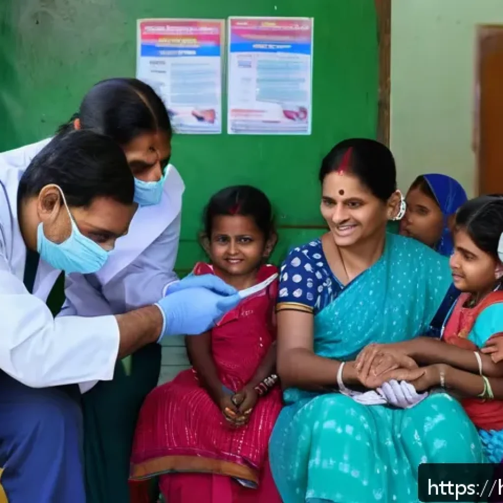 보건소 예방접종 비용 지원 - A vibrant Indian healthcare center scene showing a diverse group of families from low and middle-inc...