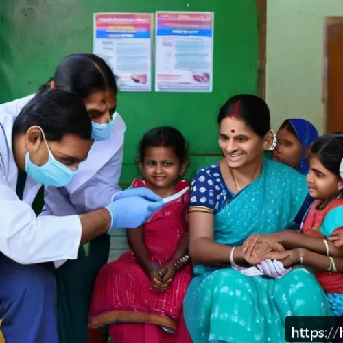 보건소 예방접종 비용 지원 - A vibrant Indian healthcare center scene showing a diverse group of families from low and middle-inc...