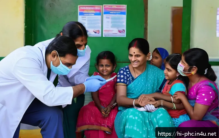 보건소 예방접종 비용 지원 - A vibrant Indian healthcare center scene showing a diverse group of families from low and middle-inc...