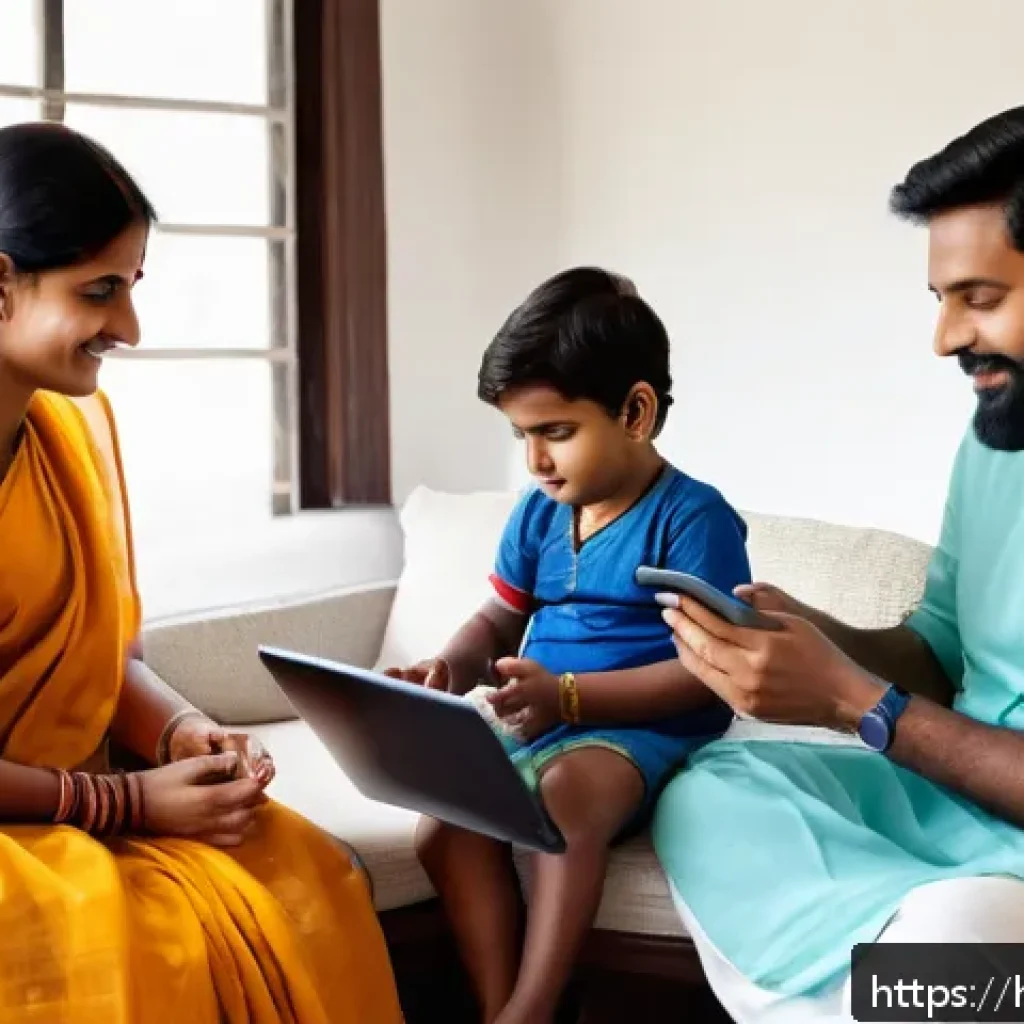 보건소에서의 영유아 예방접종 예약 - A detailed digital scene showing a Hindi-speaking Indian family at home using a smartphone and lapto...
