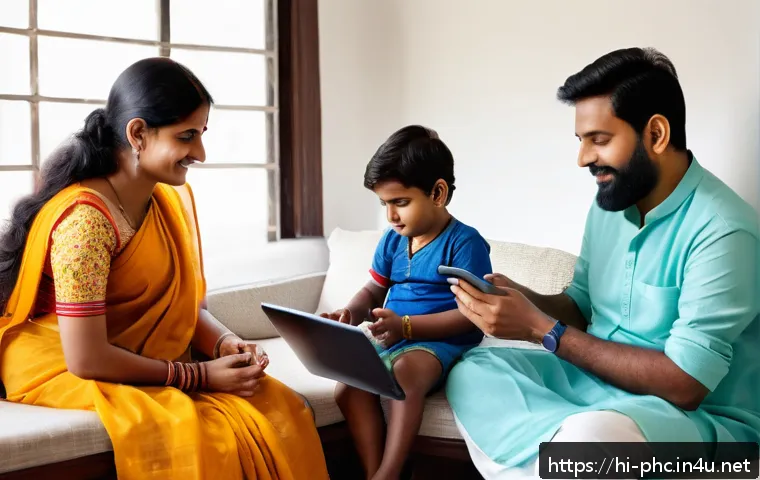 보건소에서의 영유아 예방접종 예약 - A detailed digital scene showing a Hindi-speaking Indian family at home using a smartphone and lapto...