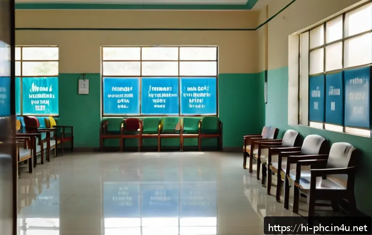 보건소 방문 시 유의사항 - A calm and spacious health center reception area in India during early morning hours, featuring Hind...