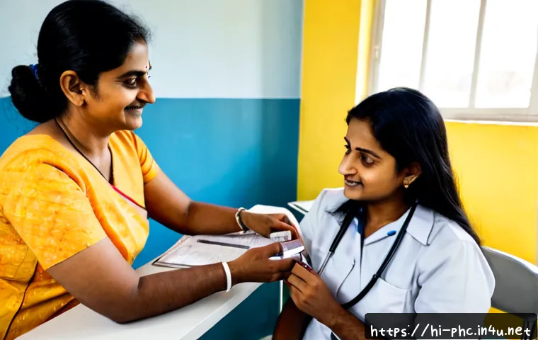보건소 건강검진 후기 - Photorealistic Indian public health clinic health checkup scene, a middle-aged Hindi-speaking woman ...