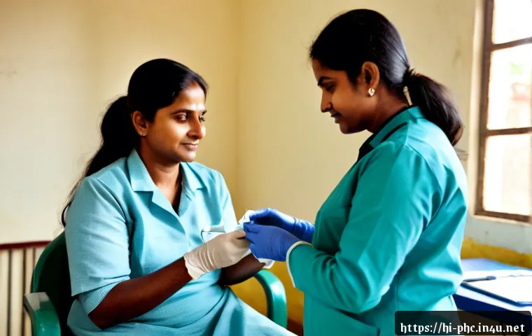 Home 17 보건소에서의 B형간염 검사 - Photorealistic public health clinic in India, a middle-aged Indian woman in modest everyday clothing...